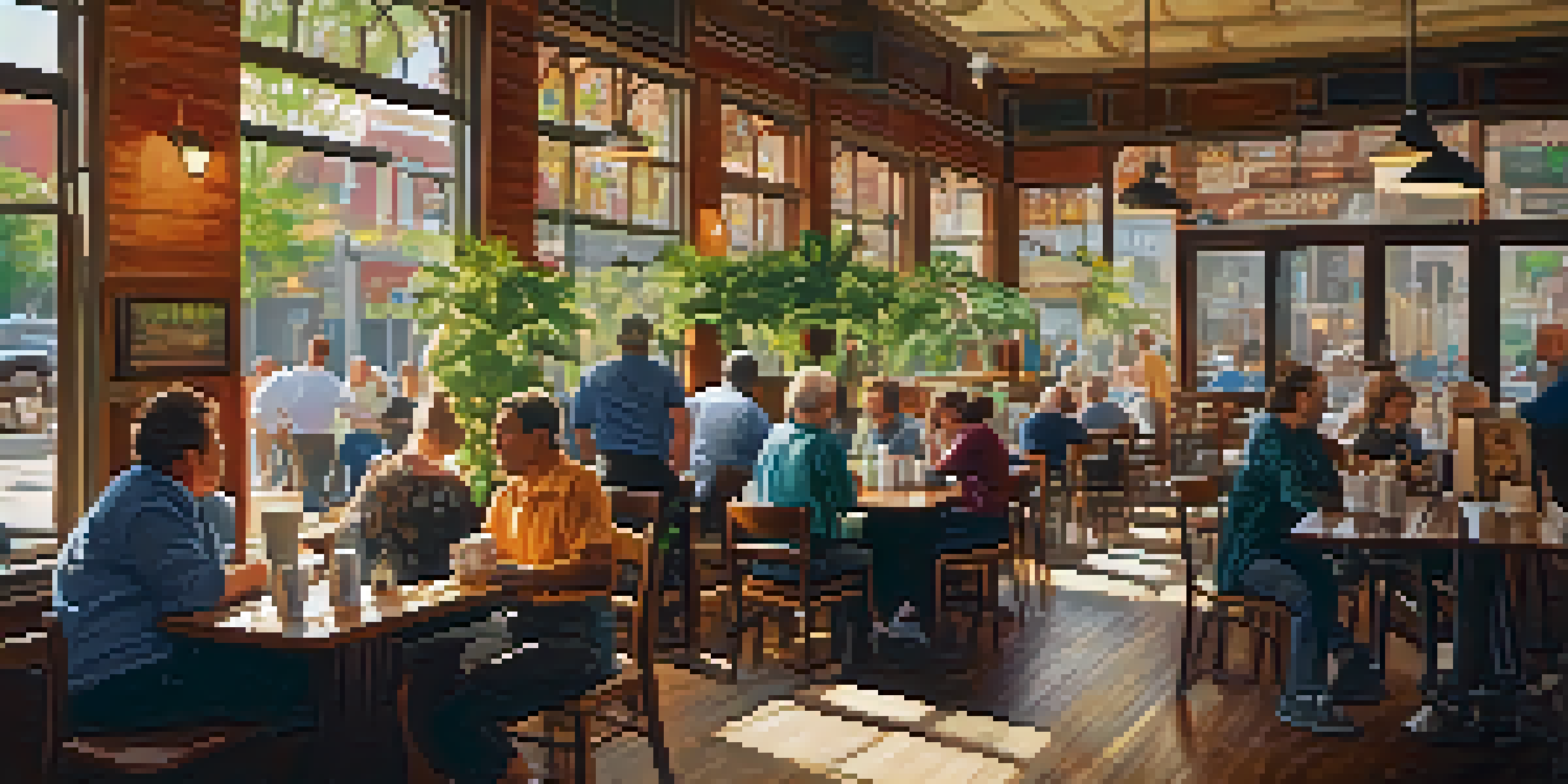 A vibrant coffee shop scene with people chatting and enjoying drinks, illuminated by sunlight filtering through windows.