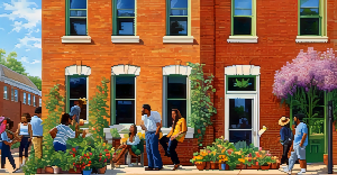 A colorful mural showing a community gathering in St. Louis, with people of different backgrounds interacting around an artistic backdrop of flowers and greenery, illuminated by sunlight.