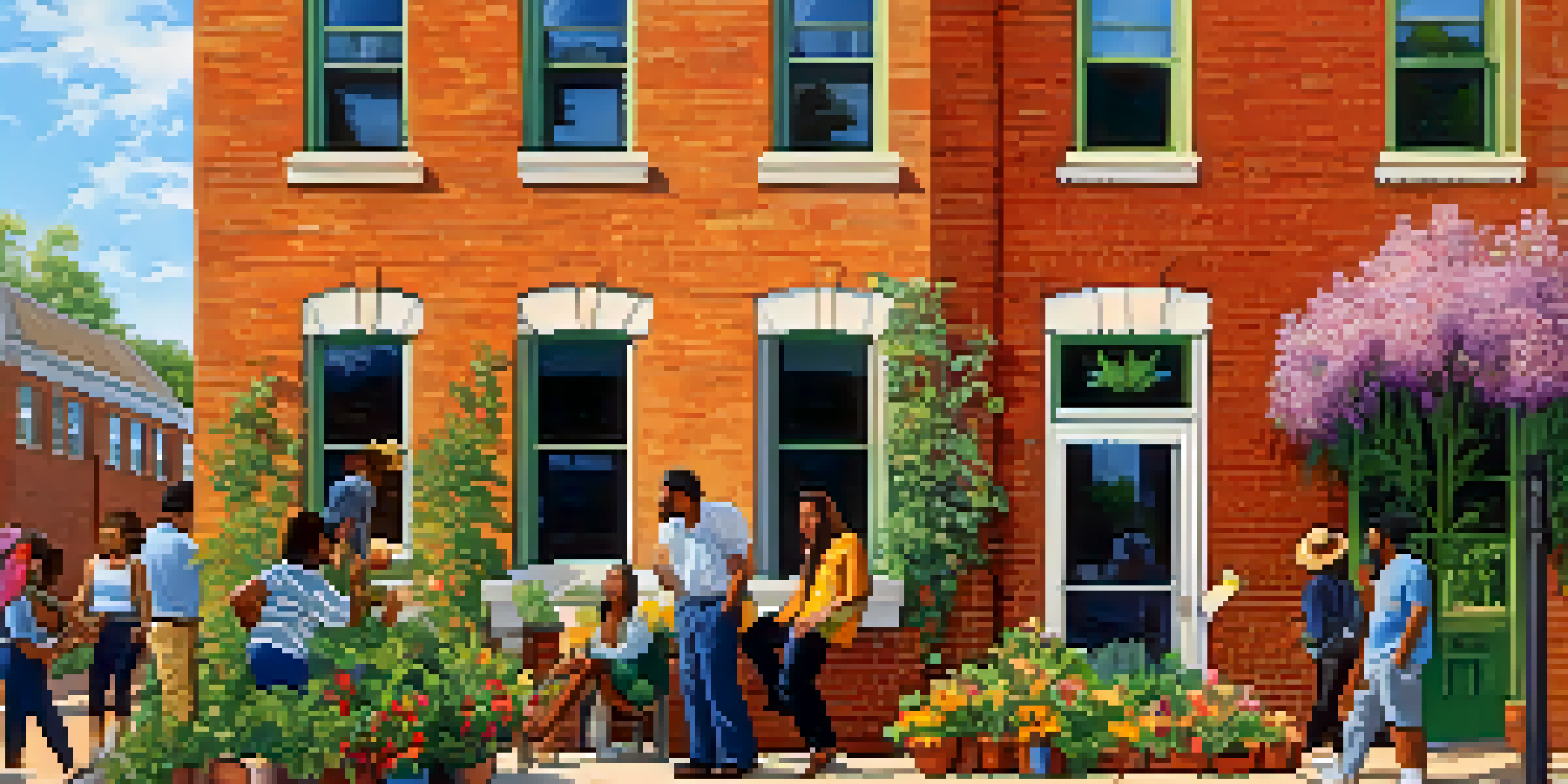A colorful mural showing a community gathering in St. Louis, with people of different backgrounds interacting around an artistic backdrop of flowers and greenery, illuminated by sunlight.
