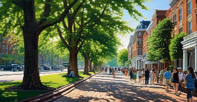 A beautiful street lined with Victorian houses and green trees in Lafayette Square, with sunlight creating a warm and inviting ambiance.