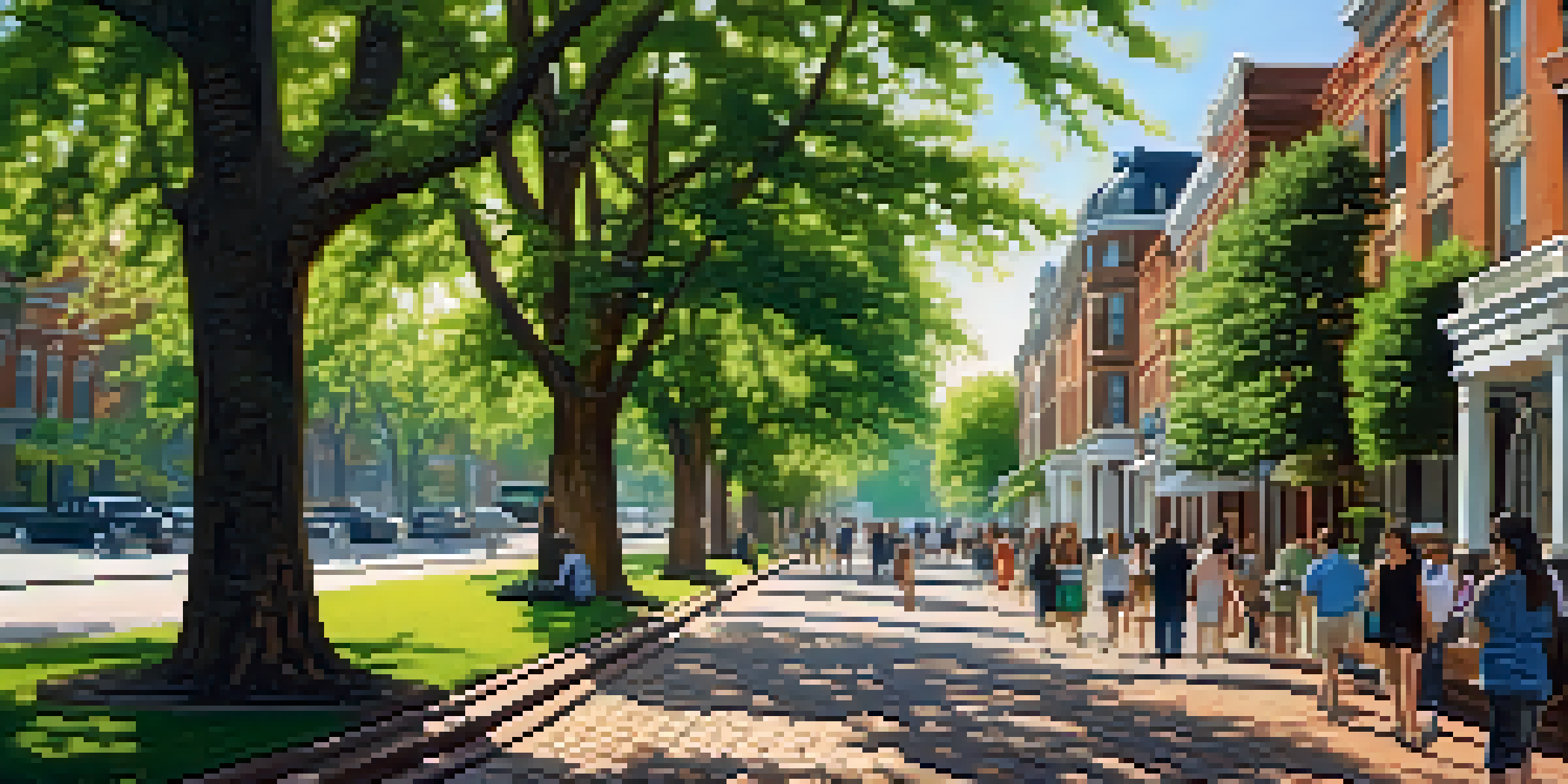 A beautiful street lined with Victorian houses and green trees in Lafayette Square, with sunlight creating a warm and inviting ambiance.