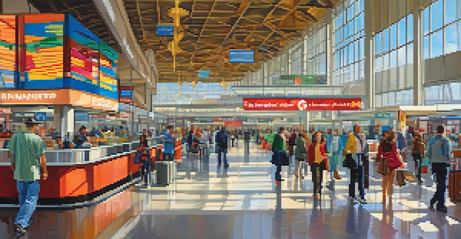 An interior view of Terminal A at St. Louis Lambert Airport, bustling with travelers and featuring shops and dining options.