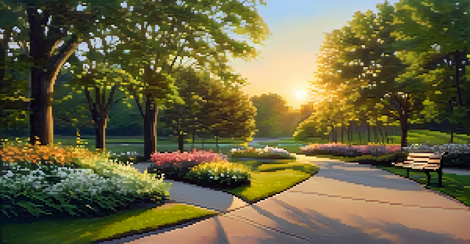 A scenic greenway in St. Louis, featuring a winding trail with people enjoying outdoor activities surrounded by nature and warm sunset light.
