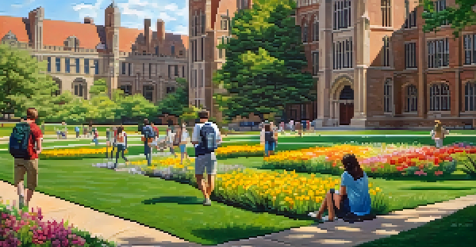 A wide view of Washington University in St. Louis featuring beautiful architecture, green spaces, and students engaged in activities on campus.