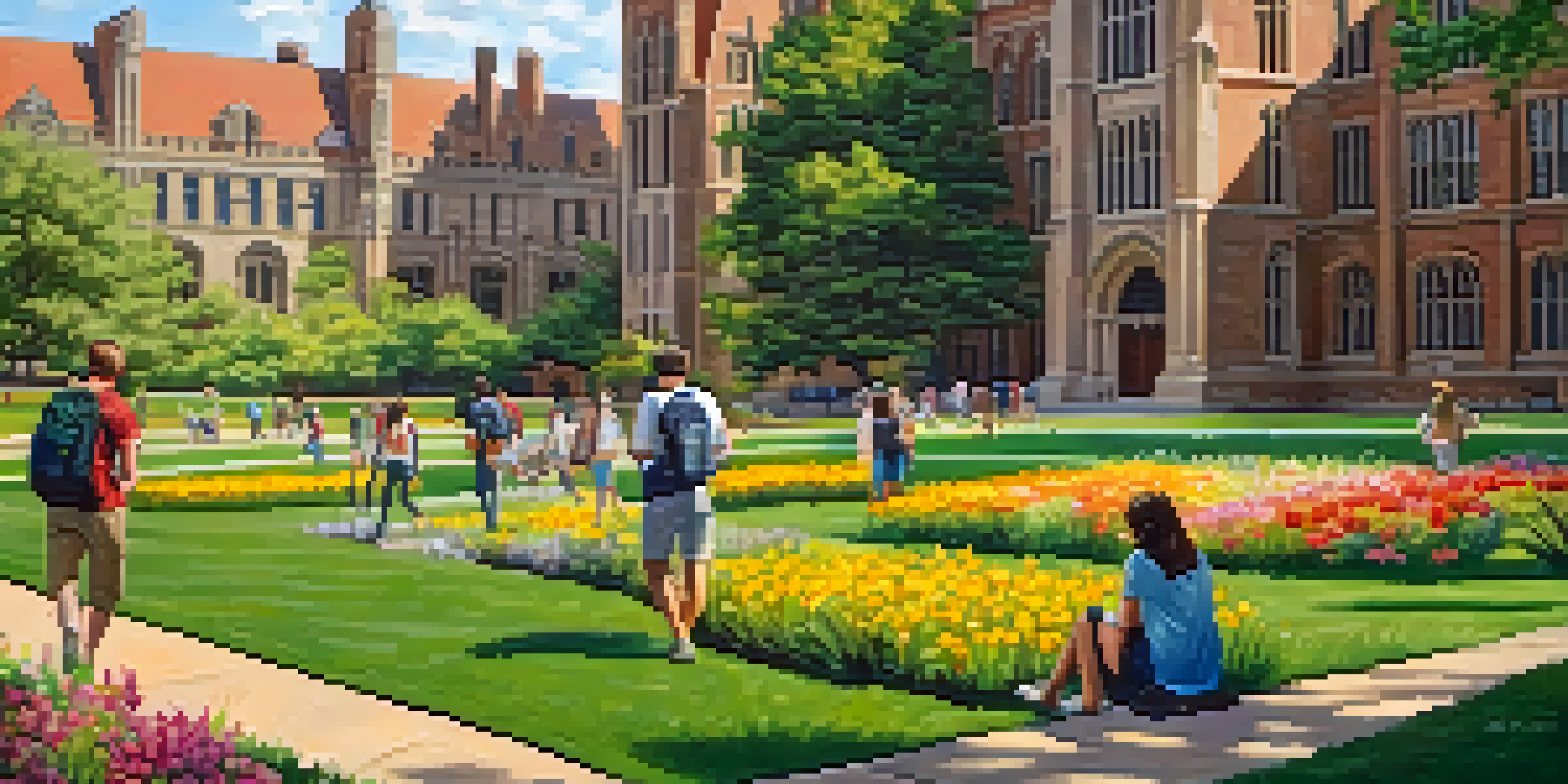 A wide view of Washington University in St. Louis featuring beautiful architecture, green spaces, and students engaged in activities on campus.