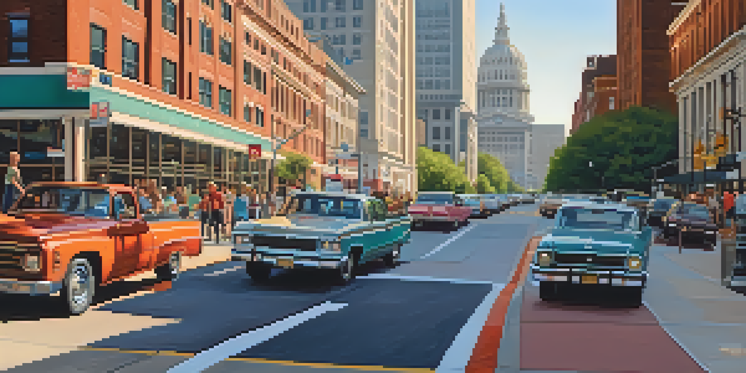 A busy intersection in St. Louis during rush hour, with long lines of cars and pedestrians waiting to cross, featuring the Gateway Arch in the background.