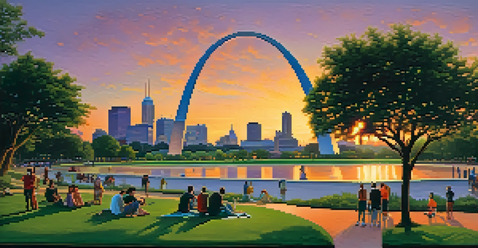 A panoramic view of the Gateway Arch at sunset, surrounded by a green park and the city skyline.