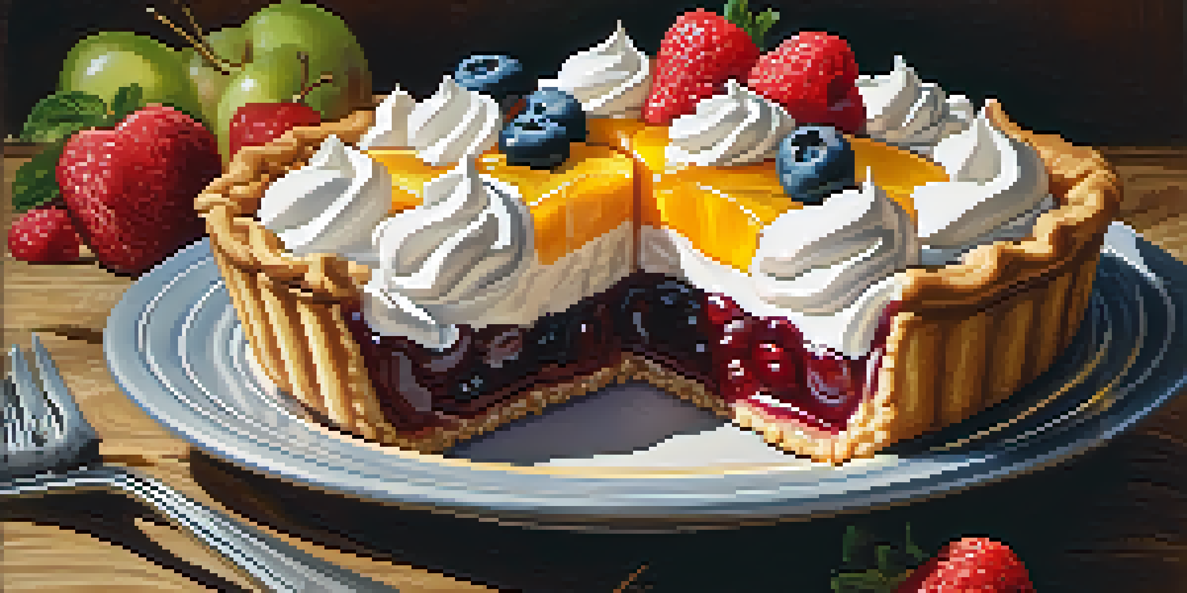 A close-up of a St. Louis style pie with colorful fruit and whipped cream, displayed on a rustic wooden table.