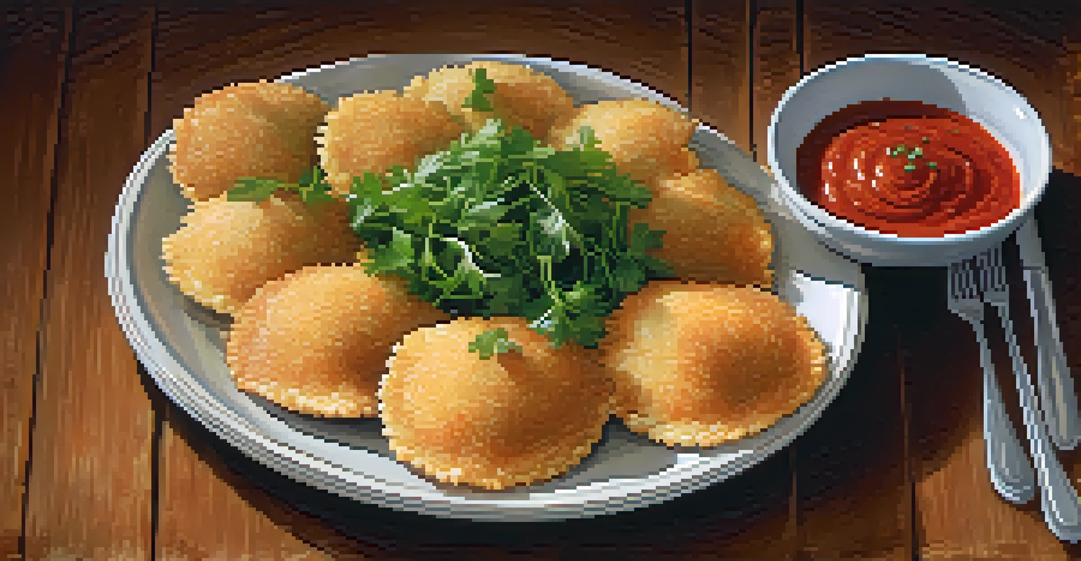 Toasted ravioli on a plate with marinara sauce, garnished with parsley, against a warm table setting.