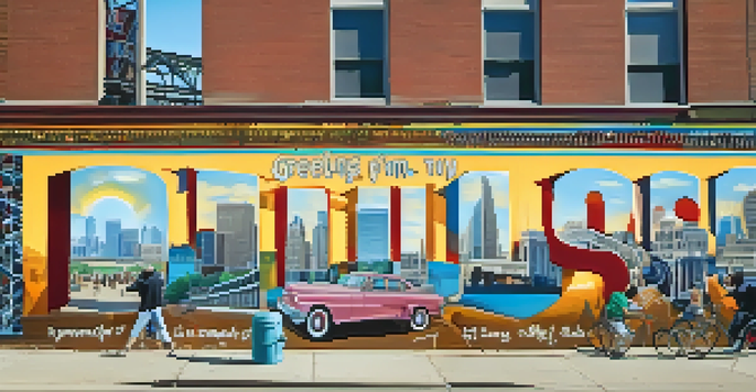 A colorful mural that says 'Greetings from St. Louis', depicting the city's skyline and landmarks, with people admiring it on a sunny day.
