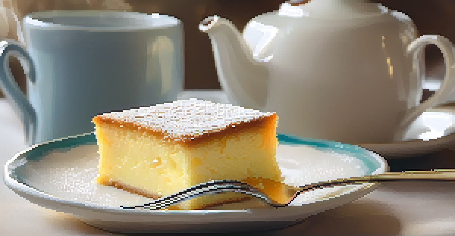 A slice of gooey butter cake on a china plate with a fork, beside a steaming cup of coffee.