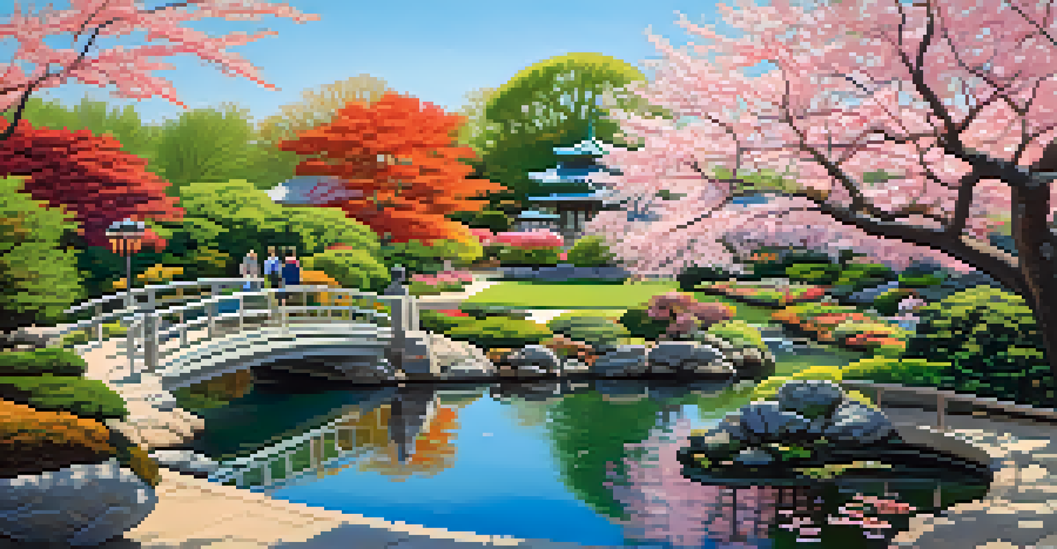 The Japanese Garden at the Missouri Botanical Garden, showcasing serene water features, colorful koi fish, and lush greenery with visitors enjoying the scenery.