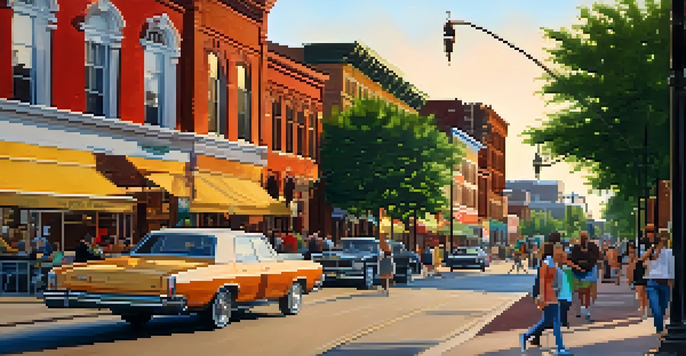 A lively street in St. Louis featuring a blend of historical and modern buildings, with pedestrians and outdoor cafes, illuminated by a warm sunset.