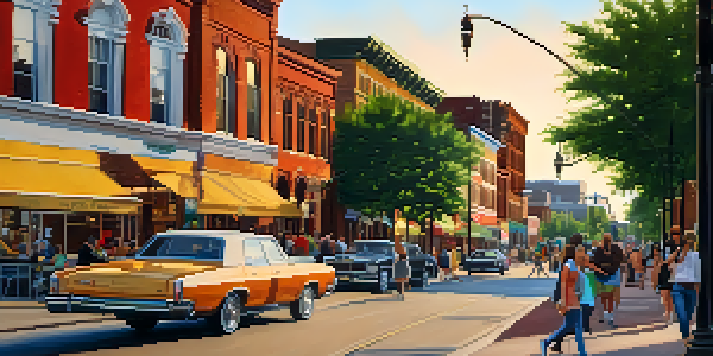 A lively street in St. Louis featuring a blend of historical and modern buildings, with pedestrians and outdoor cafes, illuminated by a warm sunset.