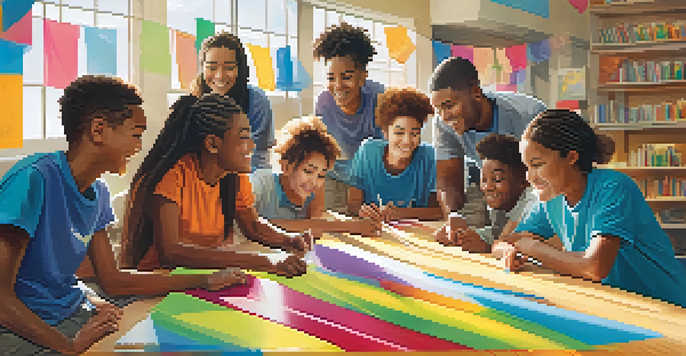 A diverse group of young people working together in a community center, smiling and collaborating on a project.
