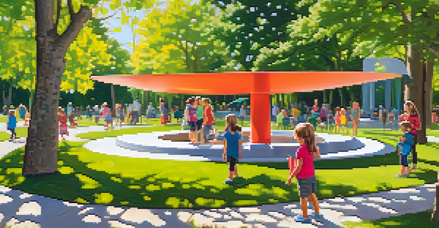 Children exploring large sculptures in Laumeier Sculpture Park with families having a picnic in the background.