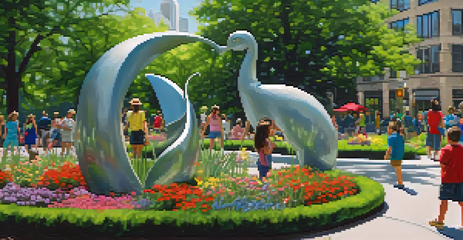 A public art installation in Citygarden, St. Louis, with large sculptures and families enjoying the outdoor space.
