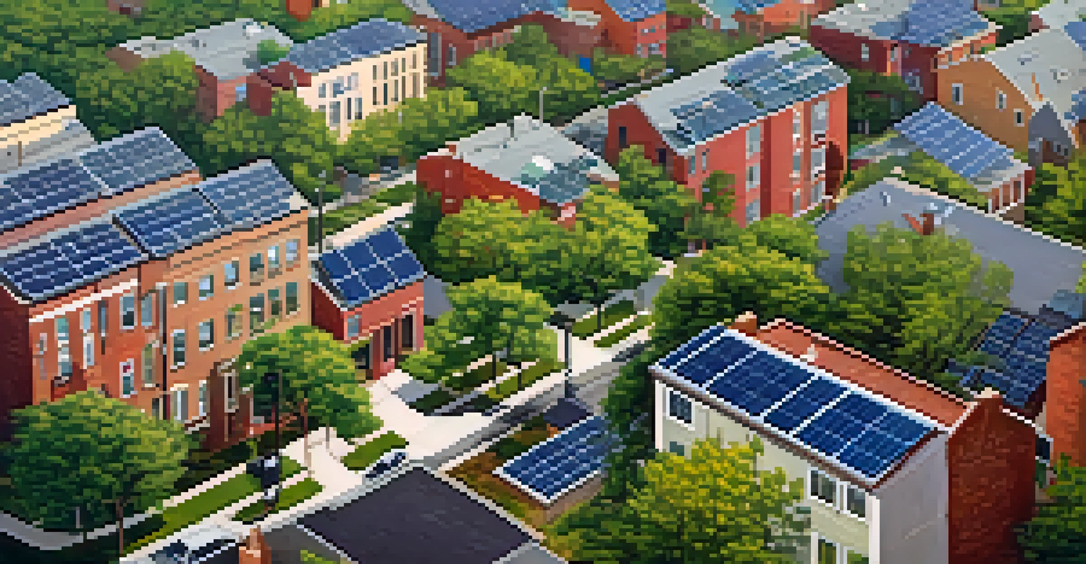 Aerial view of St. Louis neighborhood with solar panels, bike lanes, and green spaces showcasing renewable energy initiatives.
