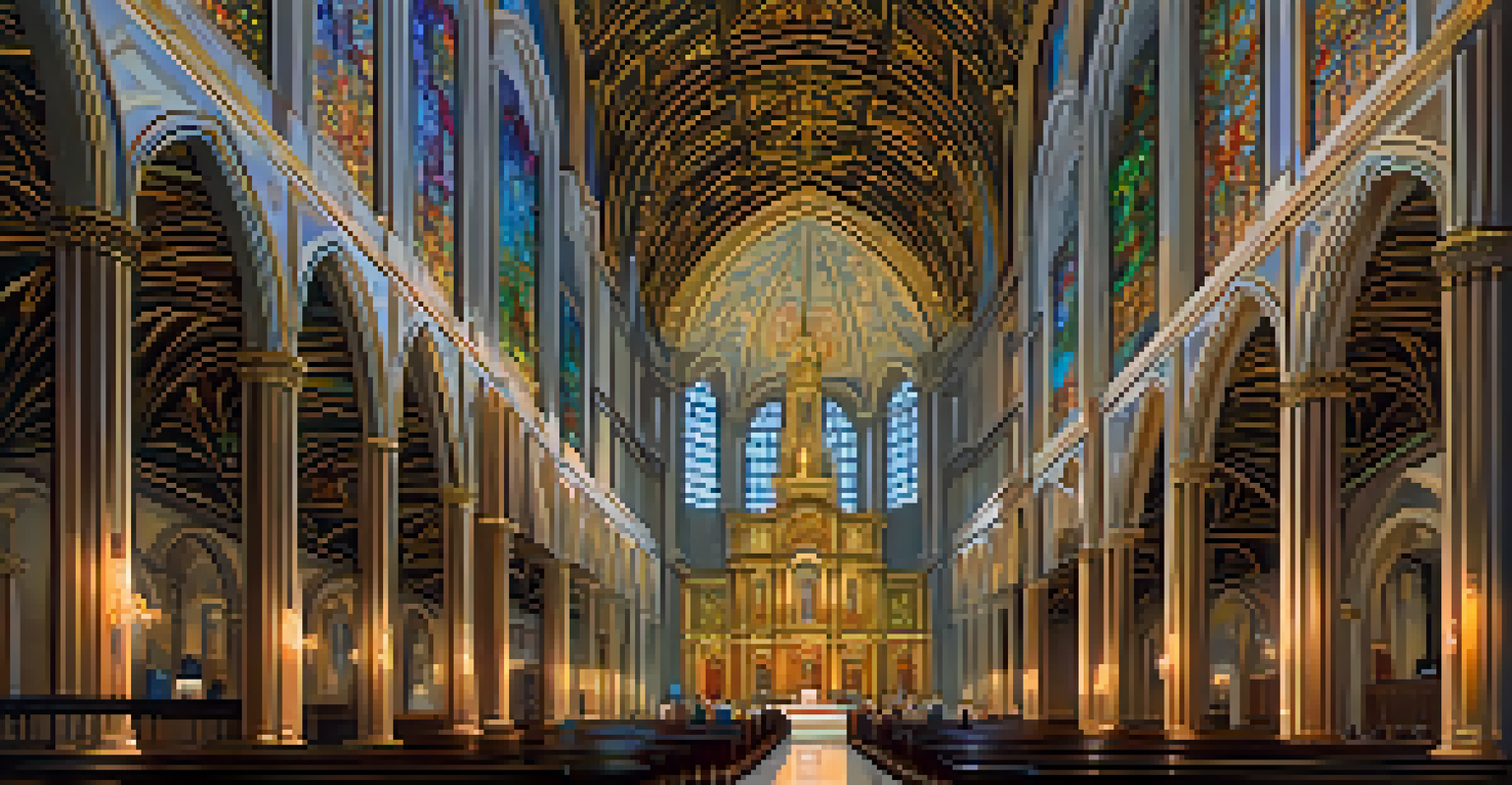 The interior of the St. Louis Cathedral Basilica, showcasing colorful mosaics and stained glass windows under sunlight.