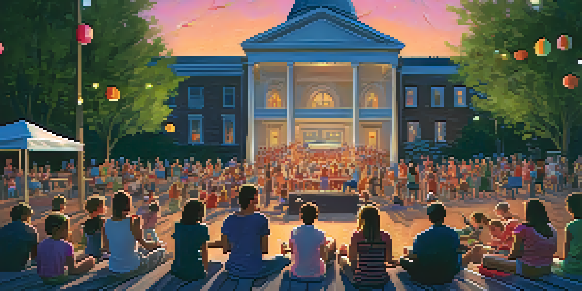 A lively outdoor concert in a park with families enjoying music, picnic blankets, and children playing, all under a colorful sunset sky.