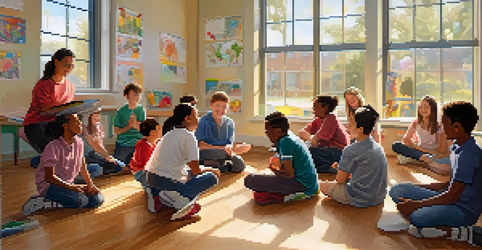 A teacher kneeling to engage with a student with disabilities, surrounded by smiling students in a colorful classroom.