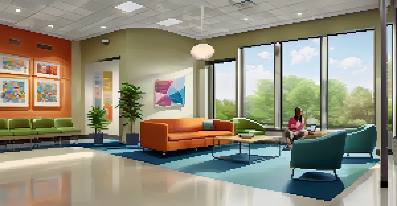 A bright and spacious waiting area of a modern healthcare facility in St. Louis with patients engaging in various activities.