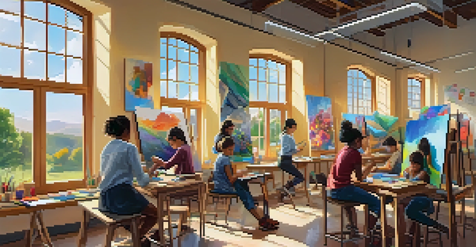 A lively classroom where students are involved in painting, sculpting, and digital art, with bright artwork on the walls and sunlight streaming in.