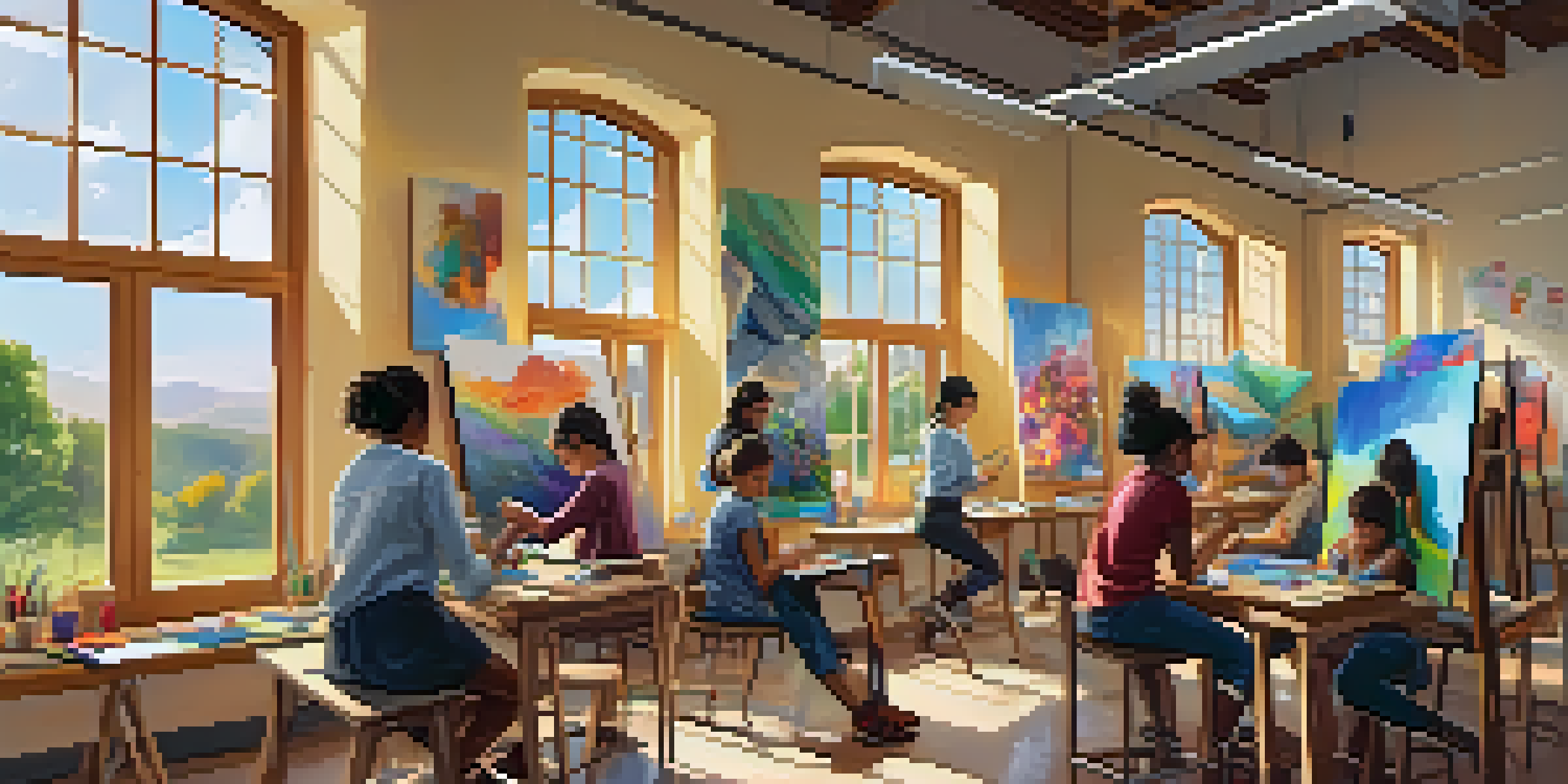 A lively classroom where students are involved in painting, sculpting, and digital art, with bright artwork on the walls and sunlight streaming in.