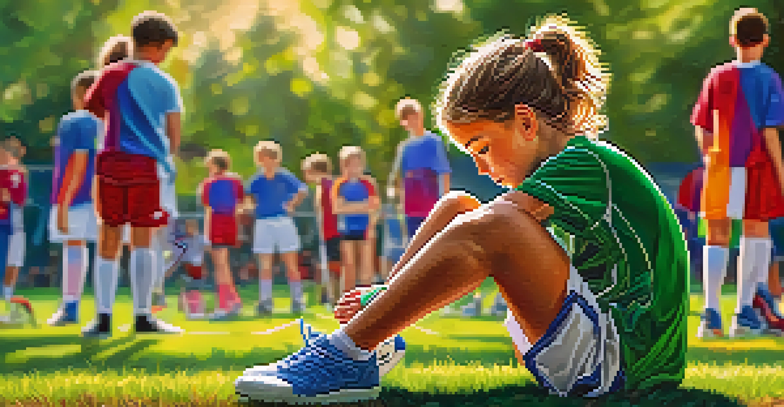 A young athlete focused on tying their shoelaces, with teammates practicing in the background and bright sunlight.