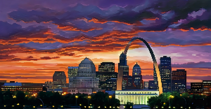 A panoramic view of the St. Louis skyline at sunset, highlighting various architectural styles with the Gateway Arch prominently visible.