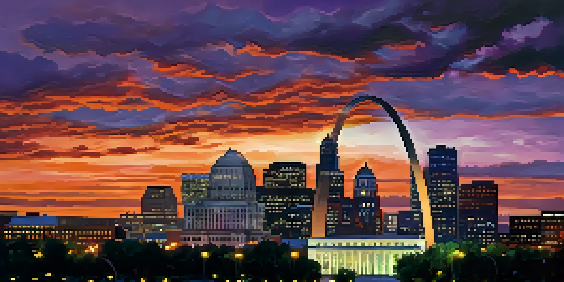 A panoramic view of the St. Louis skyline at sunset, highlighting various architectural styles with the Gateway Arch prominently visible.