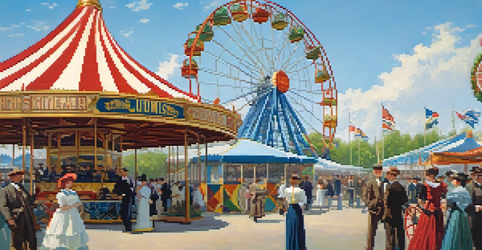 A historical scene depicting the 1904 World's Fair with a large Ferris wheel and visitors in vintage clothing, surrounded by colorful pavilions and greenery.