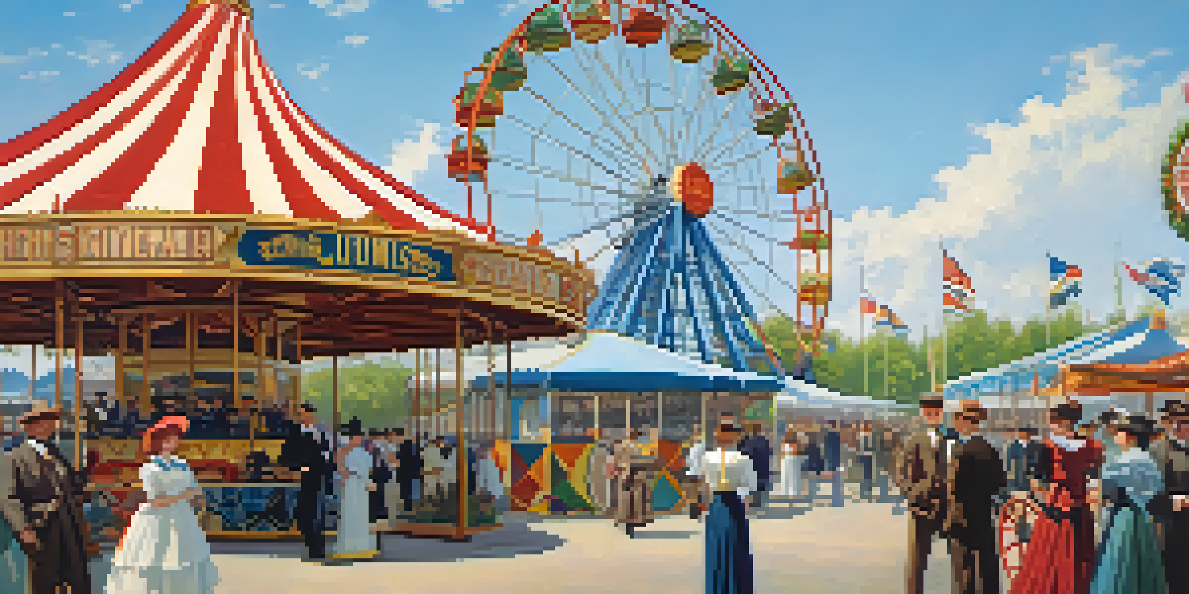 A historical scene depicting the 1904 World's Fair with a large Ferris wheel and visitors in vintage clothing, surrounded by colorful pavilions and greenery.