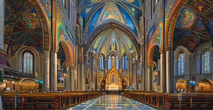 A breathtaking view of the interior of the Cathedral Basilica of St. Louis, featuring colorful mosaics and a massive dome, creating a serene atmosphere.