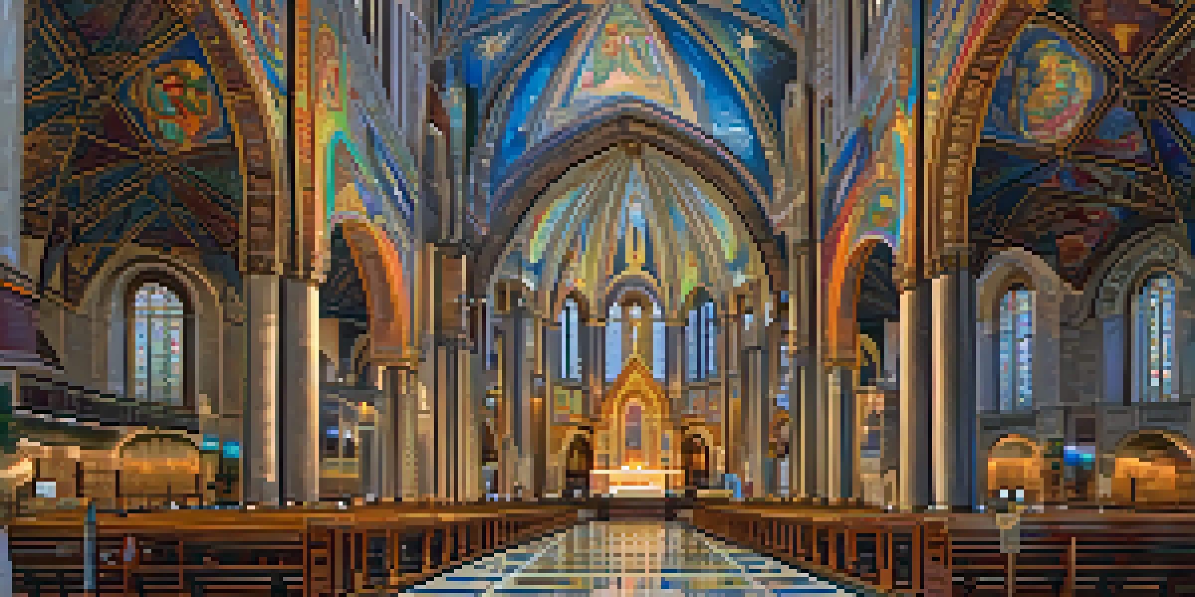 A breathtaking view of the interior of the Cathedral Basilica of St. Louis, featuring colorful mosaics and a massive dome, creating a serene atmosphere.