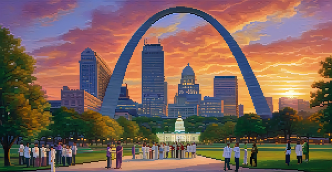 A sunset view of St. Louis skyline featuring the Gateway Arch and healthcare professionals interacting with community members in a park.