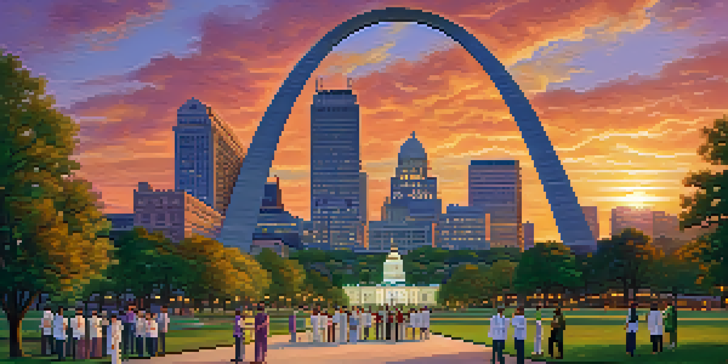 A sunset view of St. Louis skyline featuring the Gateway Arch and healthcare professionals interacting with community members in a park.