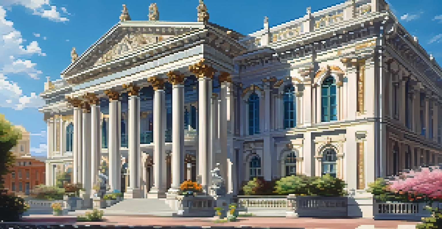 A detailed view of a Beaux-Arts style building with grand columns and ornate sculptures, set against a clear blue sky and colorful flower beds.