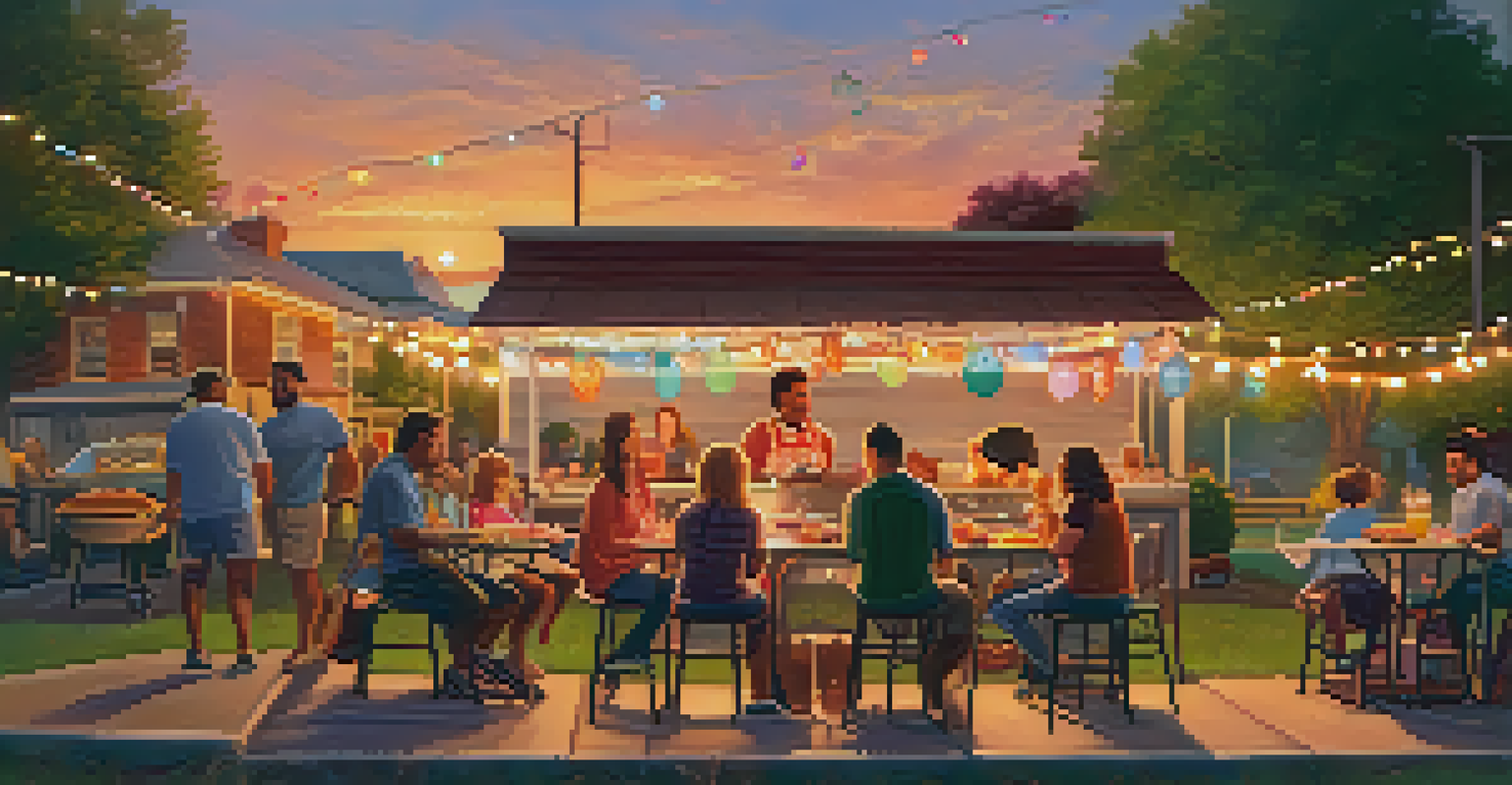 St. Louis-style ribs being grilled in a lively backyard setting with picnic tables and string lights.