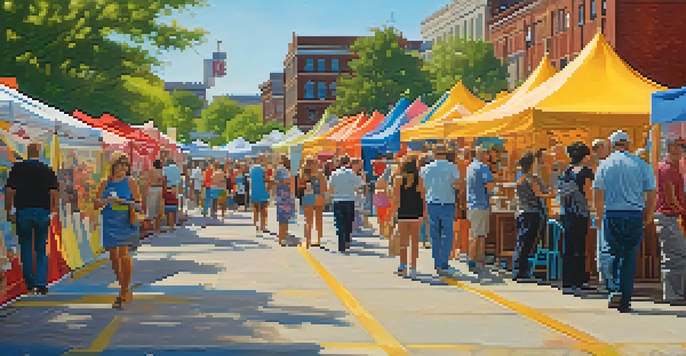 A busy street fair in St. Louis with artists displaying their artworks and a crowd enjoying the festival atmosphere.