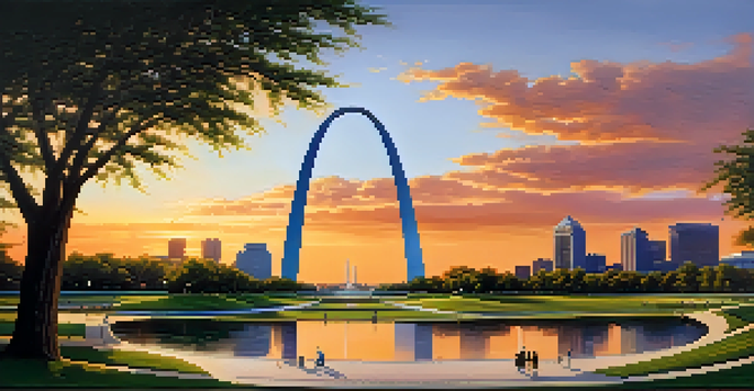 A sunset view of the Gateway Arch with a green park and the Mississippi River in the background.