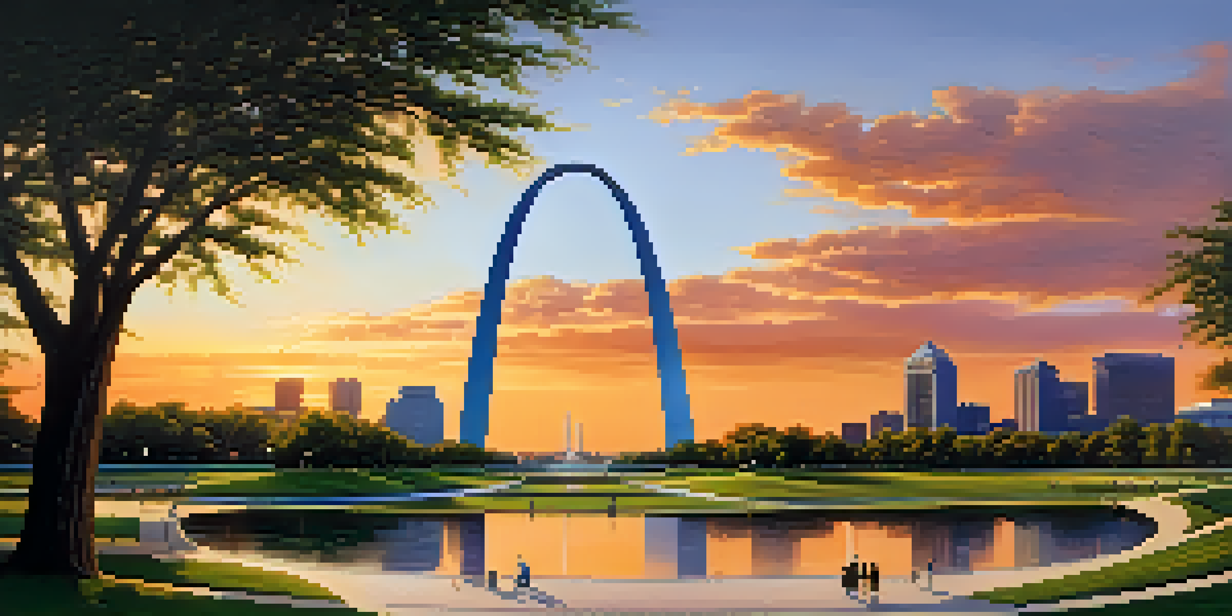 A sunset view of the Gateway Arch with a green park and the Mississippi River in the background.