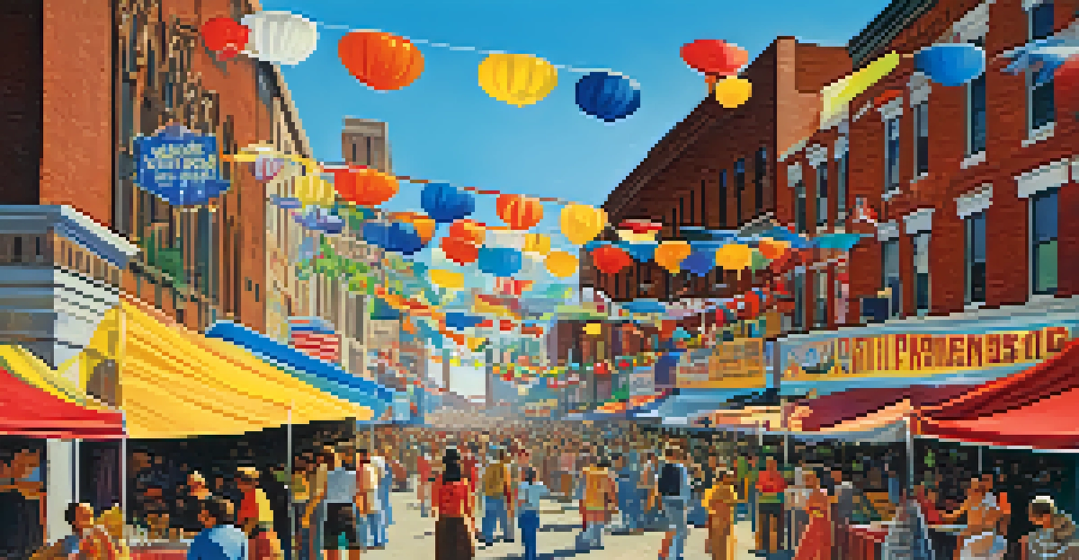 A vibrant street festival in St. Louis during the 1970s, featuring diverse cultural celebrations with stalls, food, and performances.