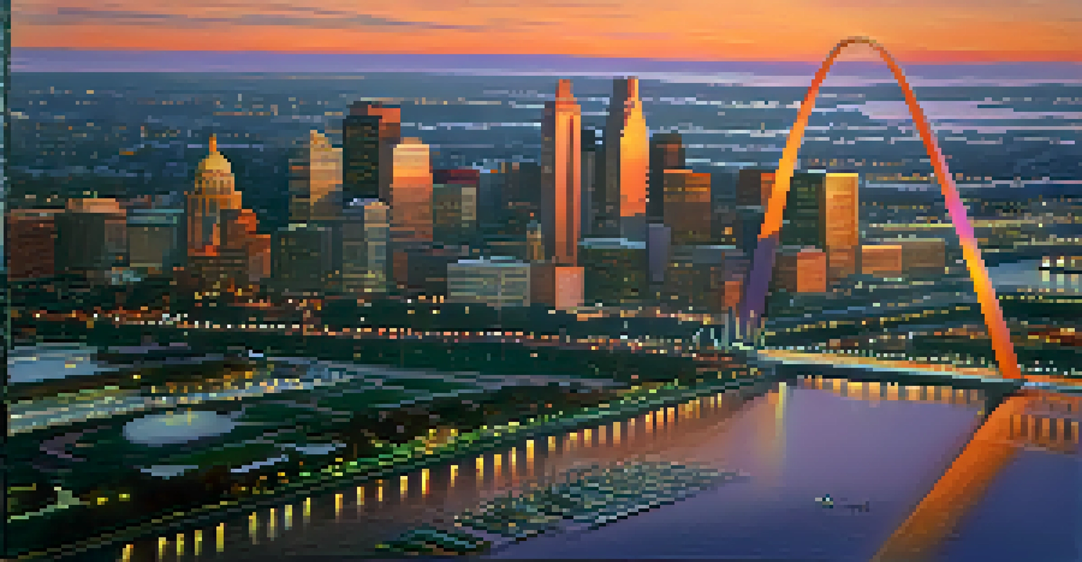 An aerial view of St. Louis at sunset, featuring the Gateway Arch and modern skyscrapers against a colorful sky.