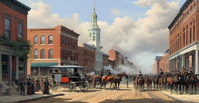 A historical scene from St. Louis during the Civil War, depicting soldiers and local civilians on a street, with old buildings in the background.