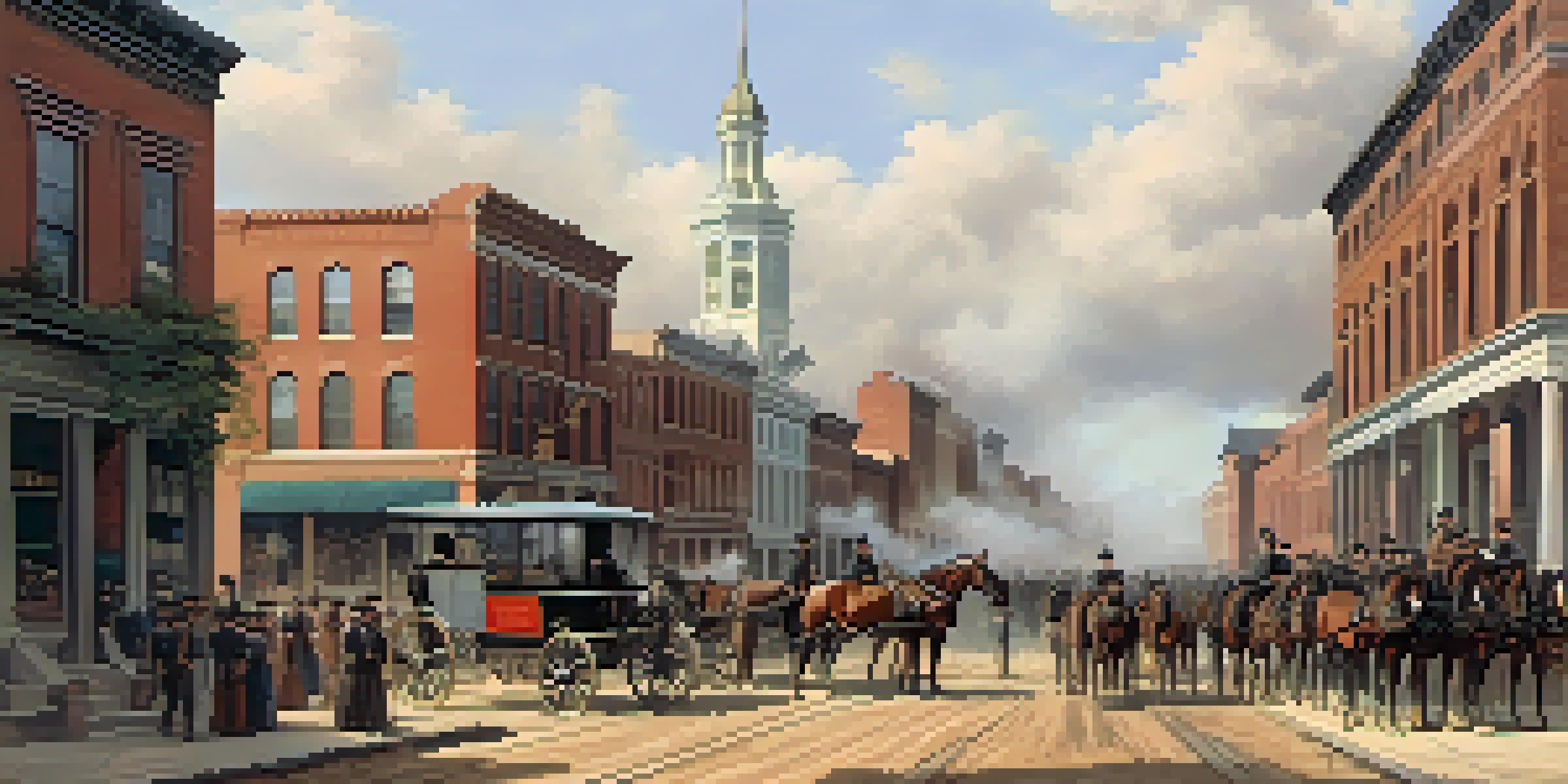 A historical scene from St. Louis during the Civil War, depicting soldiers and local civilians on a street, with old buildings in the background.