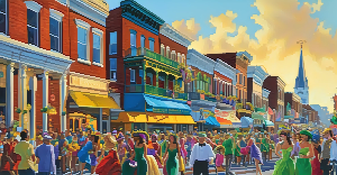 A lively street filled with people celebrating Mardi Gras in St. Louis, featuring colorful costumes and floats, with festive decorations on buildings.