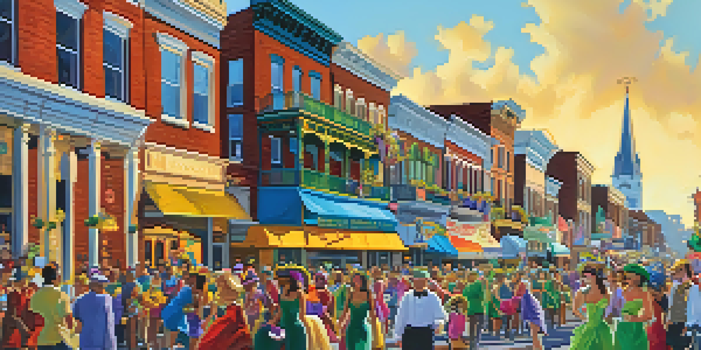 A lively street filled with people celebrating Mardi Gras in St. Louis, featuring colorful costumes and floats, with festive decorations on buildings.