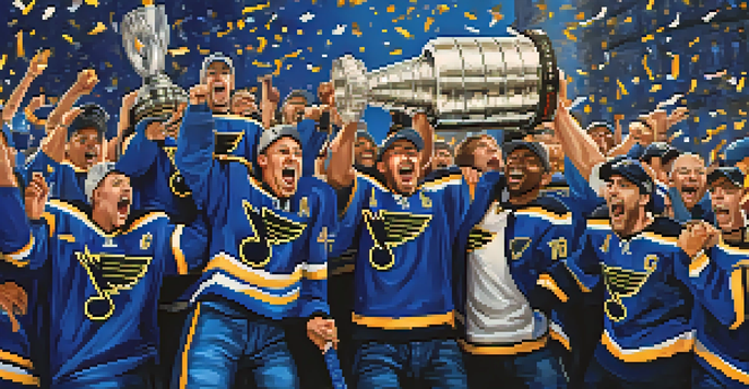 The St. Louis Blues players celebrating their Stanley Cup victory with fans in a festive atmosphere.