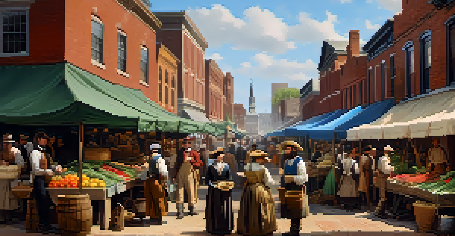 A vibrant historical market scene in St. Louis with traders and settlers exchanging goods, filled with colorful tents and period clothing.